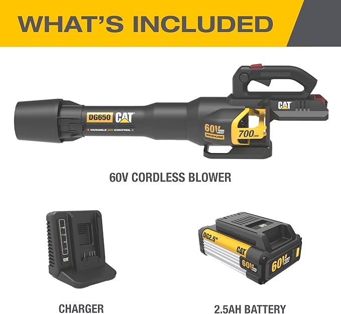 Cat DG650 60V 700 CFM 135 MPH Leaf Blower Cordless with Battery and ChargerAdjustable Speed Blowers for Lawn CareLightweight Cordless Leaf Blower with Variable Air Control Battery&ampCharger Includ