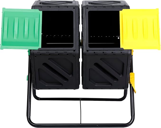 Compost Bin Tumbling Composter Rotating w/ 2 Sliding Doors Compost Bin Dual Chamber All Season Heavy Duty Outdoor Gardening Composting Tumblers Garden Yard (37 Gallon Black)