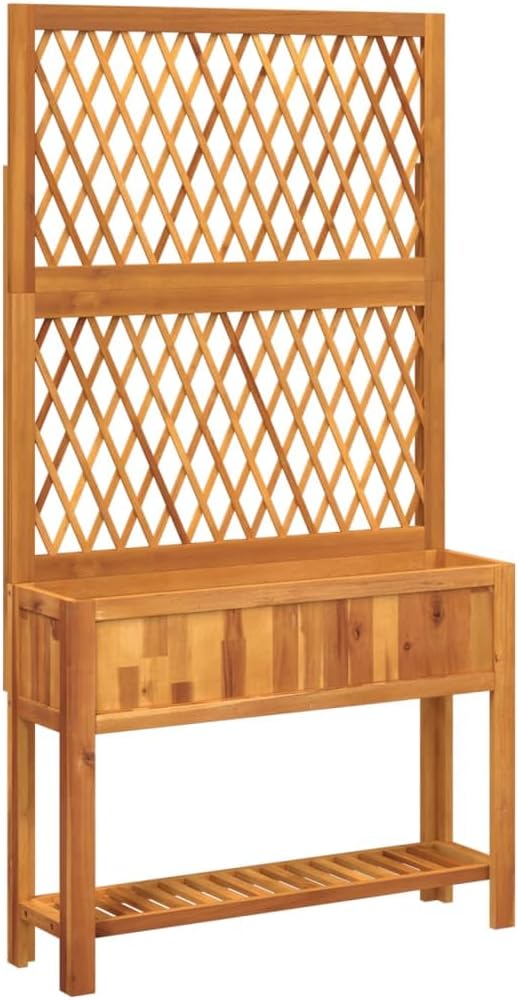 Garden Planter with Trellis and Shelf Outdoor Raised Garden Bed Planter with Trellis Flower Standing Planter Box 39.4x12.6x72.8 Solid Wood Acacia-132