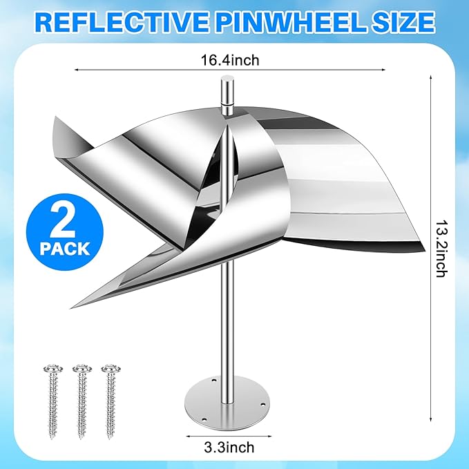 Qualirey 2 Pack Reflective Pinwheel Bird Deterrent Spinning Reflective Kites Bird Scare Device Keep Pigeon Woodpeckers and Sparrows Away Outdoor Use Boats Roofs Vegetable Gardens