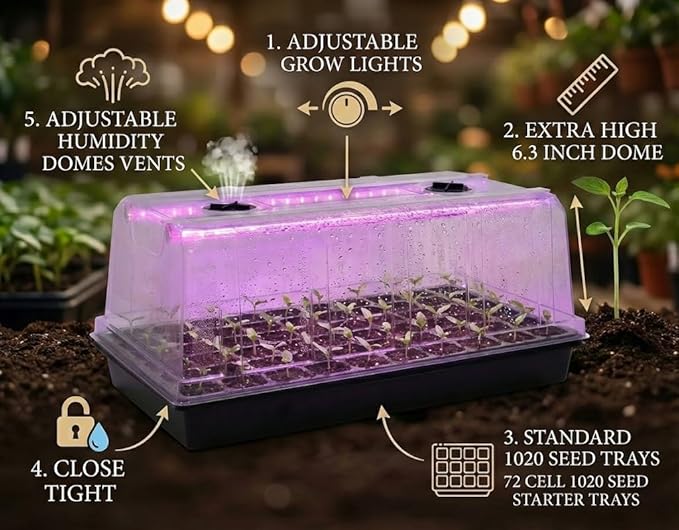 1020 Trays with Grow Light and 6.3 Humidity Dome - 4 Pack Heavy Duty Seed Trays with 72 Cell Plug Trays Germination Kit with Timer and Dimmable LED - Reusable Plant Propagation Box for Gardening