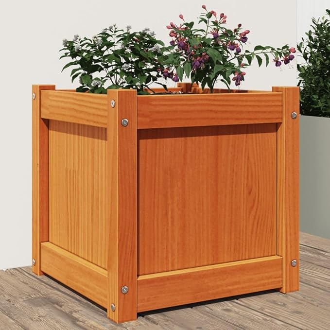 Garden Planter Wax Brown Solid Pine Wood Medium 15.7 Square Decorative Inlays Outdoor Raised Bed for Flowers Herbs Vegetables