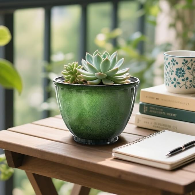 8 Inch Plastic Plant Pots Set of 4 Flower Pots Planters with Drainage Hole Glossy Smooth Finish Planter for Indoor Outdoor Succulent Snake Plants (Green)