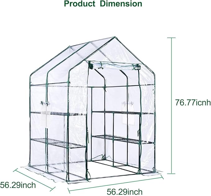 Greenhouse for Outdoor - Walk in Greenhouse with 6 Shelves Heavy Duty Metal Frame Weatherproof Transparent Cover Roll Up Door Gardening House for Plants &amp Seedlings - 56.3 x 56.3 x 76.77 Inch
