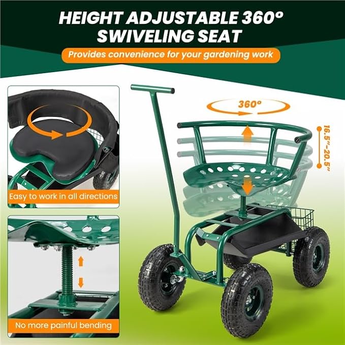 ERGOMASTER Garden Cart Rolling Workseat with Wheels2 Steering Handles360 Degree Swivel Seat &amp Tool Storage Use for Patio Yard and Outdoors Workseat Green