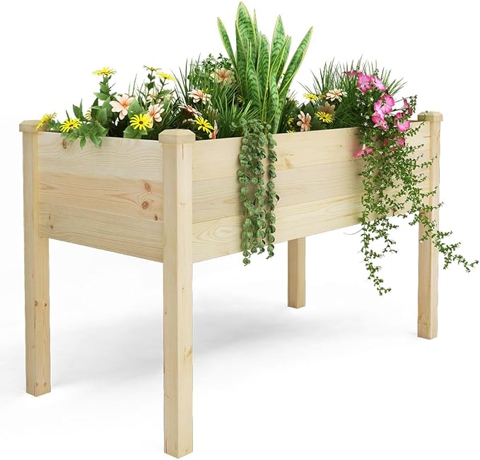 BIRASIL Outdoor Raised Garden Bed Wood Planter Box for Vegetable Flower Elevated Reinforced Large Garden Planters Boxes for Backyard Patio Gardening Balcony (48.5”L Natural Wood)