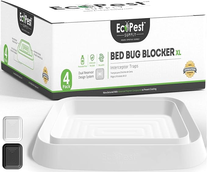 Bed Bug Interceptors – 4 Pack | Bed Bug Blocker (XL) Interceptor Traps (White) | Extra Large Insect Trap Monitor and Detector for Bed Legs