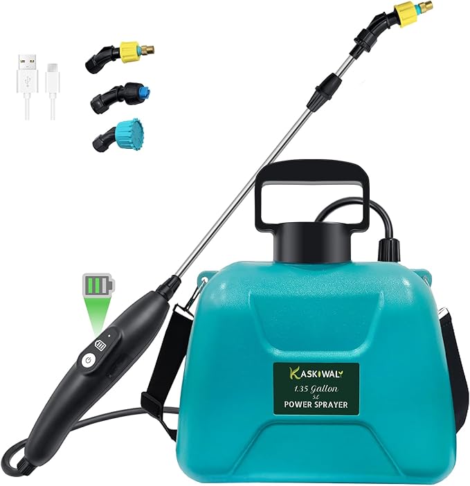 New Upgrade Battery Powered Garden Sprayer with 3 Mist Nozzles 1.35 Gal Lawn Water Sprayer with USB Rechargeable Handle and Telescopic WandPortable Electric Sprayer with Shoulder Strap for Gardening