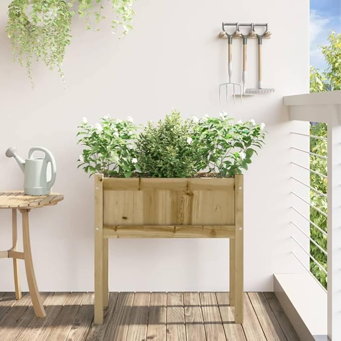 Garden Planter Box Natural Solid Pine Wood 27.6x27.6x27.6 in Weather-Resistant Raised Garden Bed for Outdoor Plants Balcony Patio