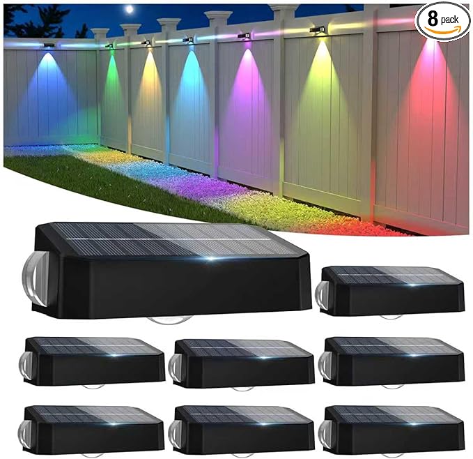 Solar Fence Lights Outdoor 8 Pack 12 Mode RGB Color Changing &amp Warm/Cool White Waterproof IP65 3-LED Dusk to Dawn Fence Lights Solar Powered for Wall Railing Patio Step Backyard Outside