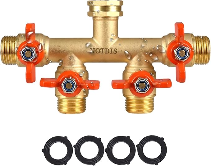 4 Way Brass Hose Splitter Full Flow with Metal Handle - Heavy Duty Spigot Splitter with Shut Off Valve 3/4 GHT Garden Tap Connector