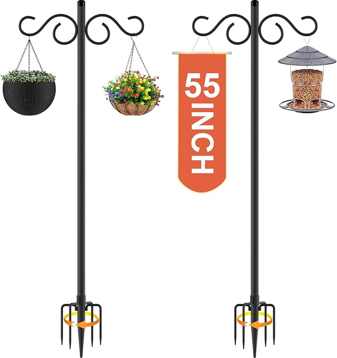 Double Shepherds Hooks for Outdoor2 Pack 55 Inch Bird Feeder Pole with 5 Prongs BaseHeavy Duty Shepherds HookSuitable for Garden in Hanging Flower BasketLanternBird Nests (2 Pack 55 inch)