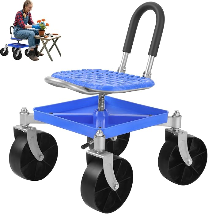 Garden Cart Rolling Workseat with Wheels 360° Swivel Garden Cart Seat - Height Adjustable Rolling Stool with Tool Tray &amp All-Terrains Wheels 330Lbs Heavy Duty Gardening Stool for Seniors