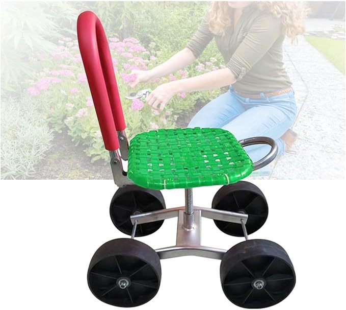 Rolling Gardening Work Stool Bearing 150kg Adjustable HeightGarden Helper with Foldable Backrestfor Yard Patio(Green4 Wheels)