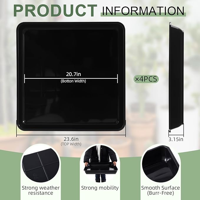 Vesici 4 Pack Large Squared Plant Saucer 23.6 x23.6”x 3” Black Plastic Garden Square Potting Tray for Indoor Outdoor Plant Water Receiving Tray for Flower Pot Planter Windowsill