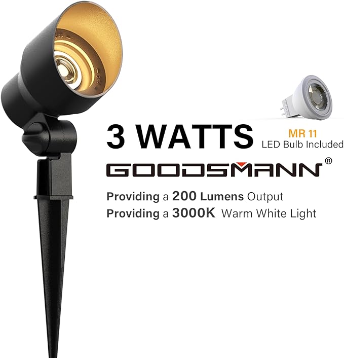 GOODSMANN 3W Spot Lights Outdoor LED Lighting Low Voltage Landscape Lights Garden 200Lumen Warm White Spotlights with Metal Stake &amp Connector for Lawn Decorative Lamp Yard Tree (1 Pack)