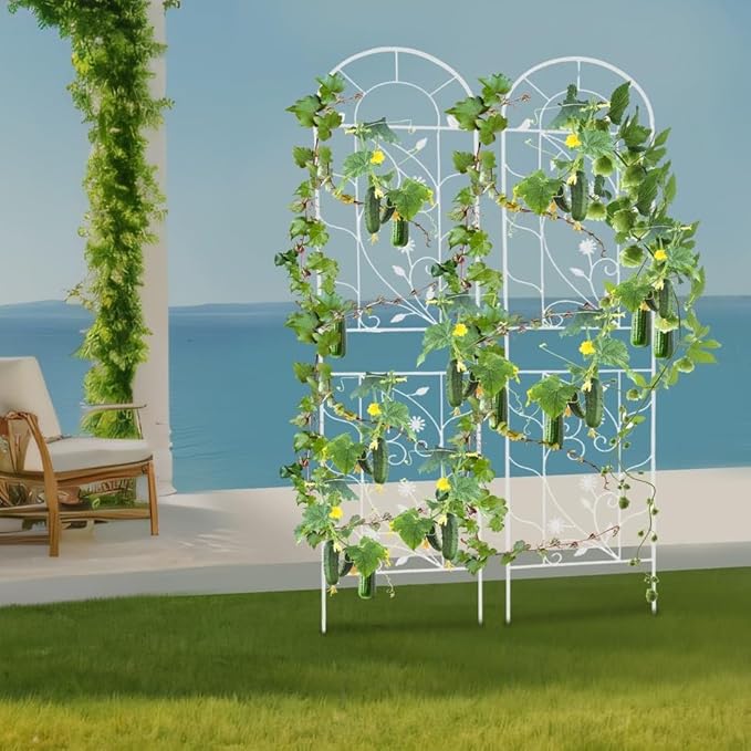2 Packs 82.6x20 inch Metal Garden Trellis for Climbing Plants Outdoor Retro Iron Garden Decor Fences Panels Flower Plant Support Racks for Roses Vegetables Flowers Expandable (White)