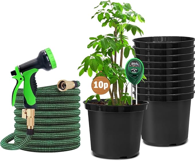 5 Gallon Nursery Pots (10-Pack) + 50ft Garden Hose with Spray Nozzle + 3-in-1 Soil Tester for Moisture/Light/pH | All-in-One Gardening Kit for Indoor/Outdoor Plants Gardening Gifts for Women