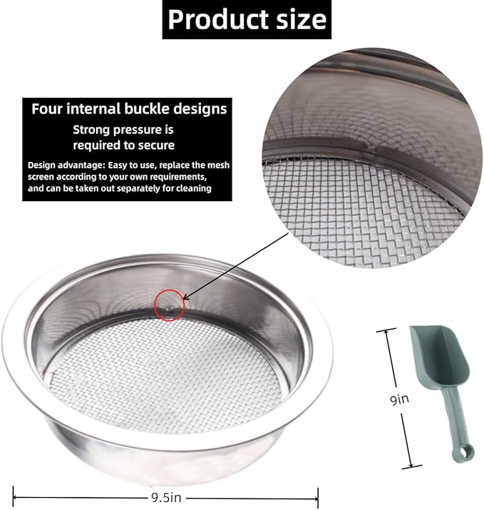 Garden Sieve Sifting Soil Sifter5 Sieve Mesh Filter Sizes and Shovel Stainless Stackable Gardening Sifting Screen Pan for Dirt Sand Rock Filtration Compost and Bonsai.