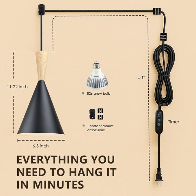 Hanging Grow Lights for Indoor Plants Full Spectrum with Timer and 15FT Power Cord 20W Pendant Plant Lights for Indoor Growing Large Tall Plant Garden Flowers Greenhouse.
