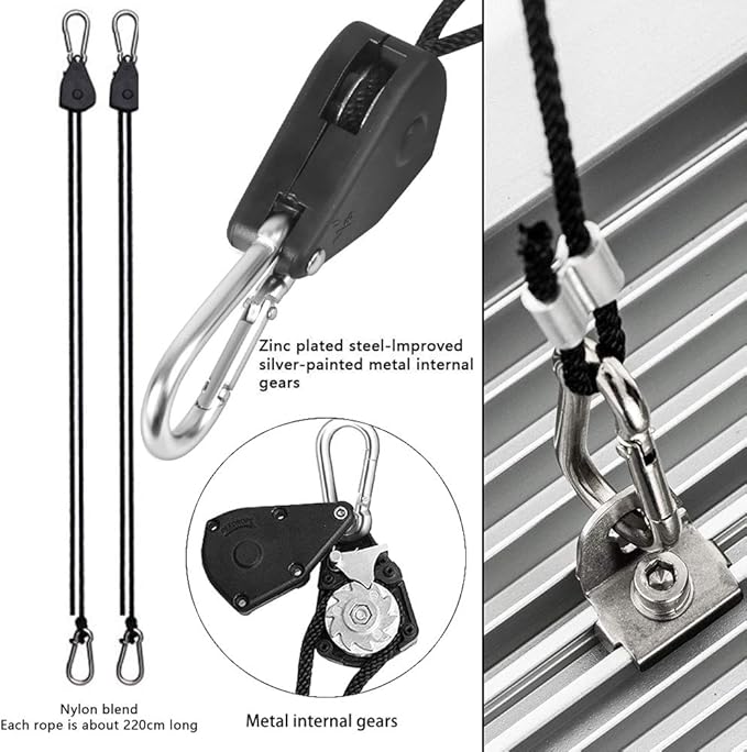 8 Pairs 1/8 Heavy Duty Ratchet Hangers Adjustable Rope Hangers Grow Light Rope Hangers for Grow Plant Fan Filter Room Equipment 150 LB Capacity per Pair