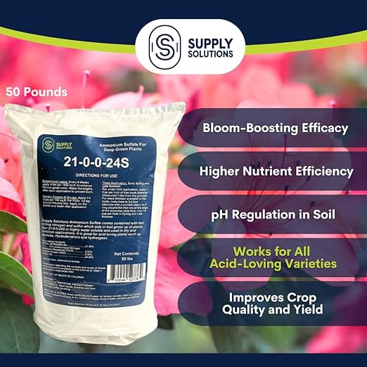 Supply Solutions 21-0-0-24S Ammonium Sulfate for Deep Green Plants - Soil Acidifier for Blueberry Blooms Azalea and Magnolia Tree Fertilizer - Sulfur for Plants Nitrogen Fertilizer (50 Pounds)