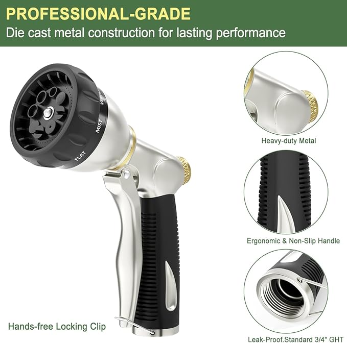 FANHAO Heavy Duty Garden Hose Nozzle 100% Metal Water Nozzle with 8 Adjustable Spray Patterns High Pressure Hose Sprayer with Non-Slip Grip for Watering Plants &amp Lawns Washing Cars &amp Pets -