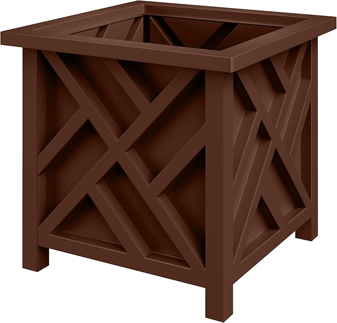Lattice Design Planter Box - 15.5-Inch-Square Decorative Outdoor Flower or Plant Pot - Front Porch Patio and Garden Decor by Pure Garden (Brown)