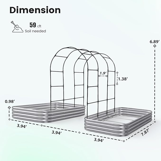 KING BIRD Raised Garden Bed with Arched Trellis Galvanized Planter Garden Box Outdoor for Gardening Climbing Vegetables Flowers 7.87x3.94x0.98 Ft 2PCS Silver