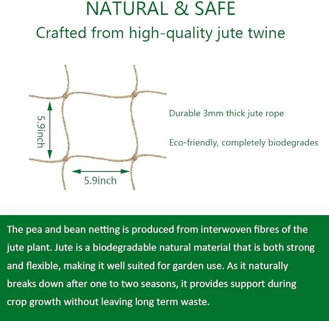 Jute Netting for Climbing Plants Trellis Netting for Garden Heavy Duty Plant Support Netting for Cucumber Vine Fruits &amp Vegetables Tomato Plants Trellis Net (6.6 x 32.8 Ft 5.9 Inch Squares)