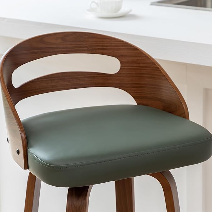 Bar Stools Set of 2 Swivel Bar Stools with Walnut Craftsmanship Bentwood Curved Back Upholstered Faux Leather Soft Cushion Seat Mid Century BarStools for Bar/Pub/Cafe (Green 30 Seat Height)