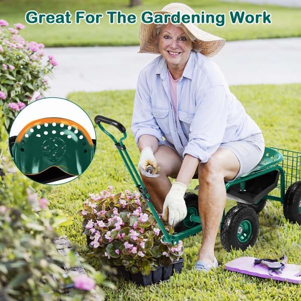 Garden Scooter Stool with Wheels Rolling Gardening Seat with Swivel &amp Tool Tray Adjustable Work Seat with Extendable Handle for Weeding Planting Outdoor Work Foldable Garden Seats