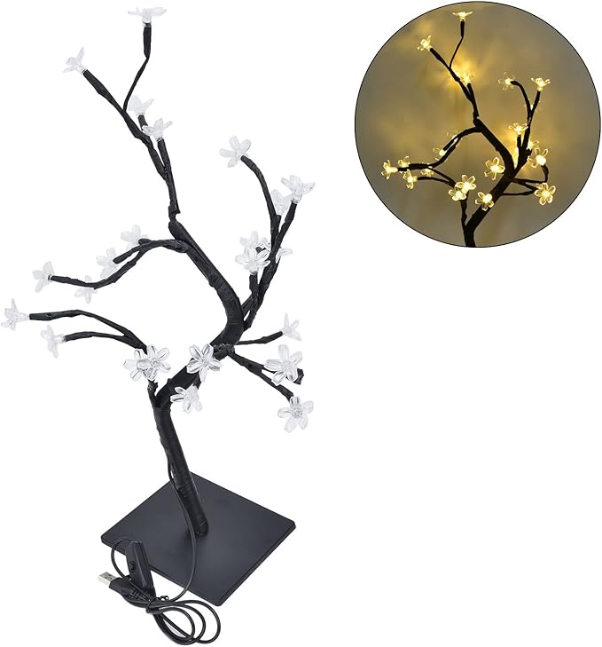 Cherry Blossoms Tree Lamp USB Powered Bonsai Light 24 LED Warm White - Twinkling Cherry Blossom Lights Decor Romantic Home and Office Accent