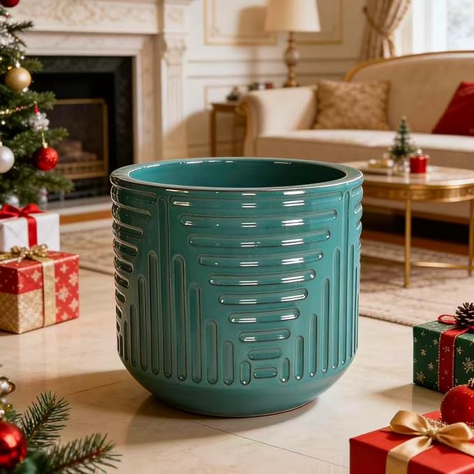 Handmade Ceramic Planter 16 Inch Diameter Teal Green with Textured Groove Pattern for Monstera and Fiddle Leaf Fig IndoorOutdoor Doorway Use Breathable Clay