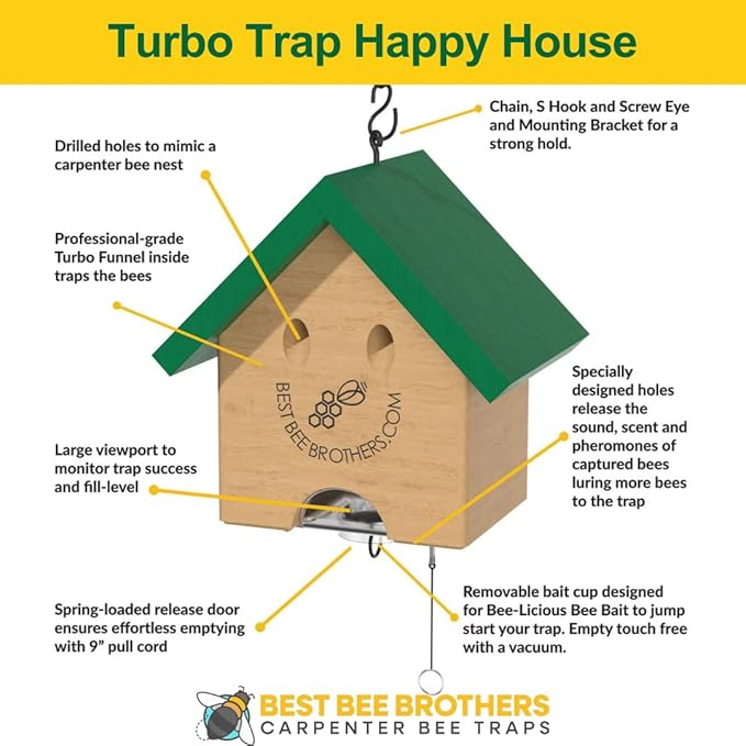 Best Bee Brothers Carpenter Bee Turbo Trap Happy House Carpenter Bee Trap for Outside with Bee Vault &amp Internal Turbo Funnel 6.3” W x 6” H x 5 D