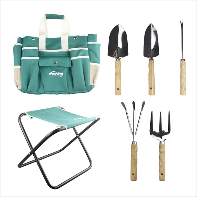 Garden Tools Sets- Heavy Duty Gardening Gift Tool Kit Including Folding Stool with Tool Bag 5 Sturdy Stainless Steel Tools(Gardening Trowel Trans-Planter Weeder &amp Rake) for Women Men