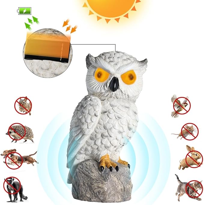 1 KINGO Fake Owl Decoy with LED Eyes &amp Ultrasonic Deterrent Scarecrow Owl Decoys to Scare Birds Away Bird Deterrents for Outside Solar Powered Bird Repellent Devices Outdoor Resin Garden Statu