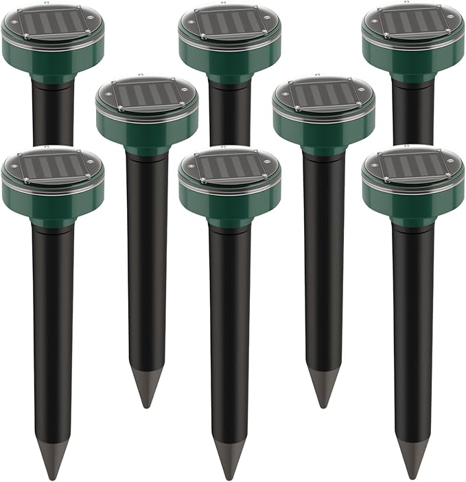 8 Pack Ultrasonic Solar Mole Repellent Gopher Repellent Waterproof Vole Chipmunk Groundhog Repellent Outdoor Sonic Spikes Rodent Repellent Mole Deterrent Snake Repellent for Yard Lawn
