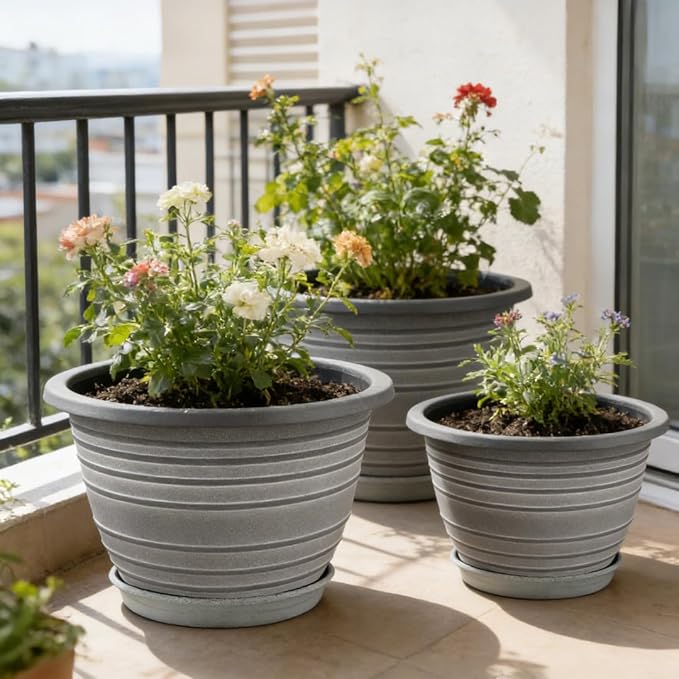 Large-Planter-Indoor-Outdoor Plant Pots 12 inch 3 Pack Plastic Flower Pots with Saucer and Drainage Holes Retro Antique Imitation Decorative Garden Containers Sets for Houseplant