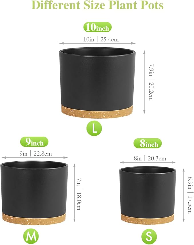 Large Plant Pots Set of 3 – 8 9 10 Indoor Flower Pots with Drainage Holes and Saucers Big Planters for Monstera Fiddle Leaf Fig Snake Plant – 5 Colors