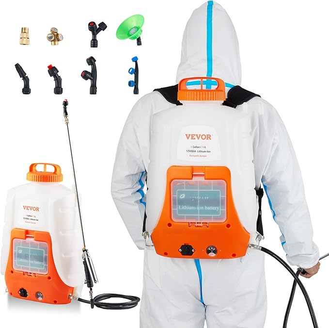 VEVOR Battery Powered Backpack Sprayer 0-90 PSI Adjustable Pressure 4 Gallon Tank Back Pack Sprayer with 8 Nozzles and 2 Wands 12V 8Ah Battery Wide Mouth Lid for Weeding Spraying Cleaning