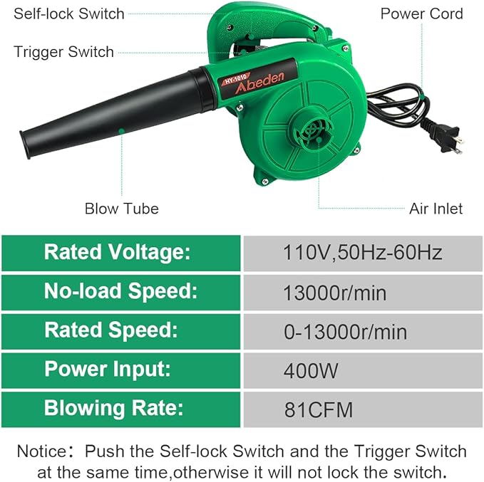 Corded Electric Leaf Blower2 in 1 Small Handheld Lightweight Sweeper/Vacuum110V 400W Portbale Blower for Leaf/Snow/Dust Blowing (Green)