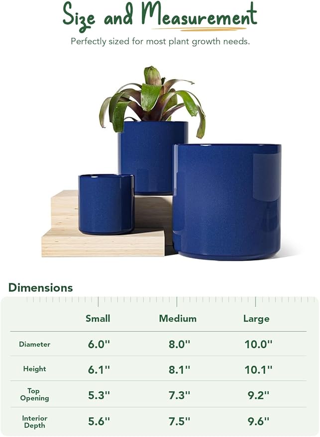 LE TAUCI Ceramic Pots for Plants 10/8/6 Inch Indoor Planters with Draiange Hole Silicone Plug &amp Mesh Pad Modern Minimalist Pots for Home Office Set of 3 Glossy Midnight Blue