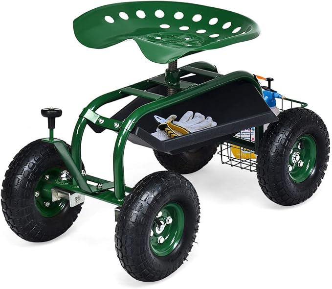 Giantex Garden Cart with Seat Rolling Garden Seat with Wheels Tools Basket 360 Swivel Gardening Workseat Adjustable Height Wagon Scooter for Patio Lawn Yard Outdoor Steerable Stool (Green)