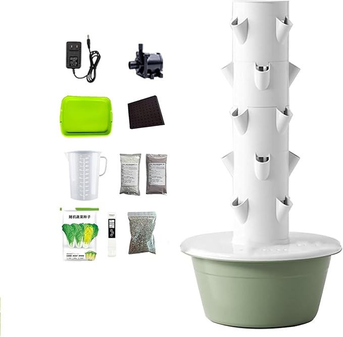 Indoor Hydroponic GardenTower with LED Grow Lights Self-Watering Hydroponics System with Pump Timer Controller Planting Kit for Growing Herbs &amp Vegetables 5Layer