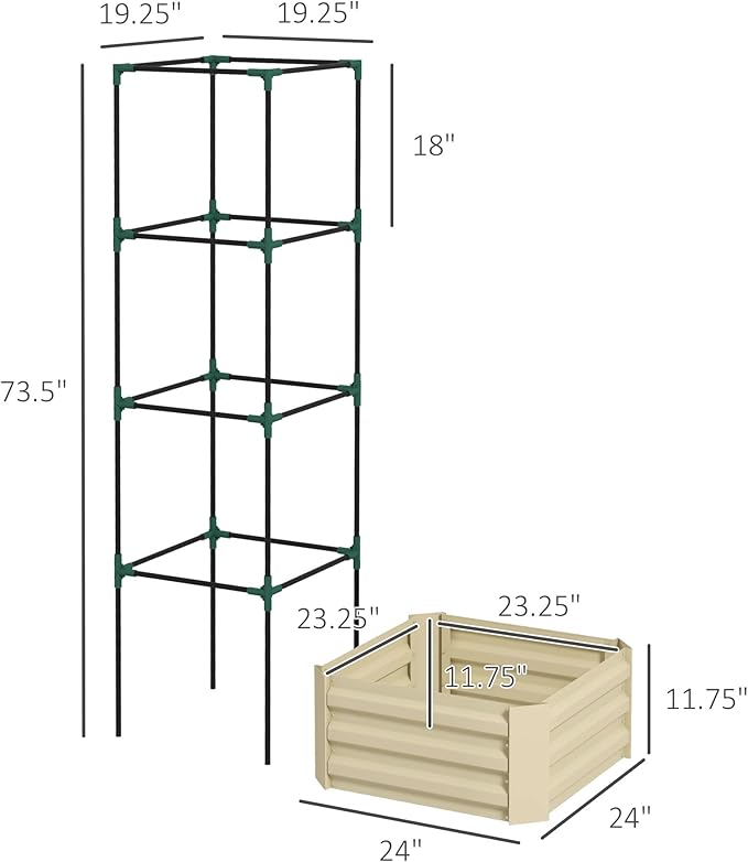 Galvanized Steel Raised Garden Bed 24x24x11.75 - Trellis Tomato Cage Draining Bottomed Planter for Vegetables Flowers | Outdoor Patio Garden