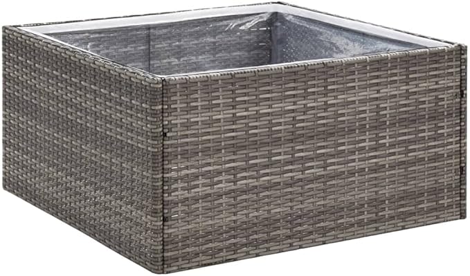 Modern Square Garden Planter Box Outdoor Grey Synthetic Poly Rattan Large Size 31.5x31.5x15.7in with Drainage for Patio Balcony Terrace Planting Flowers and Small Shrubs