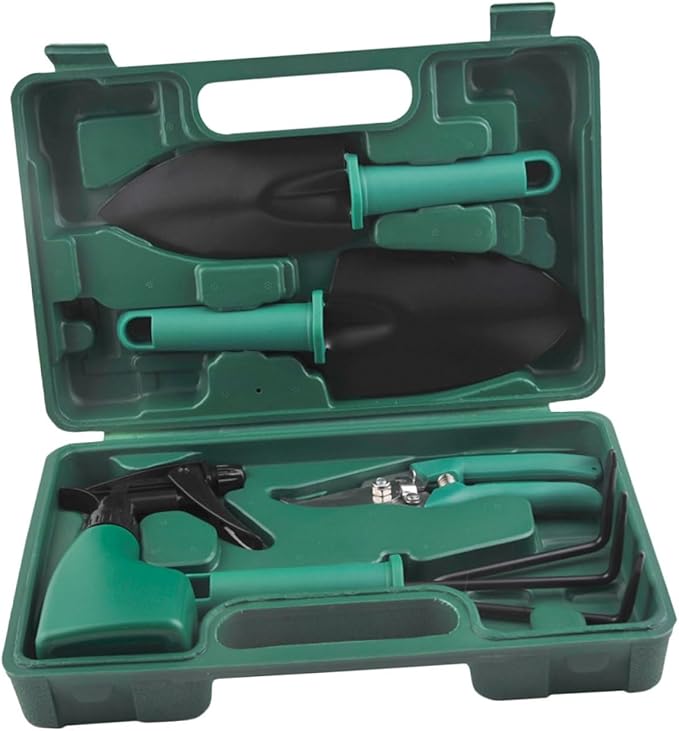 HOMSFOU 5pcs Portable Garden Tool Set with Shovel Rake Pruning Shears in Carrying Case Outdoor Planting Hand Tools for Gardening and Landscaping