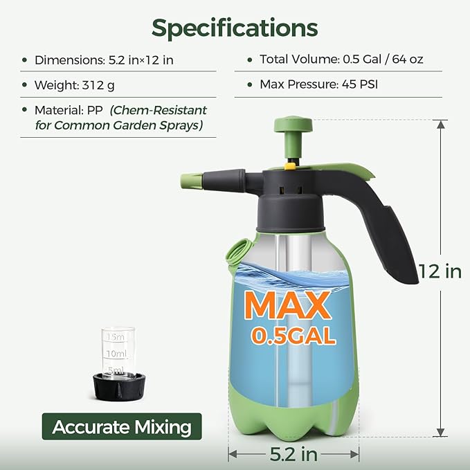 T4U Pump Sprayer 1/2 Gallon PP Hand Pump Pressure Sprayer for Home Garden Plant Care and Household Cleaning with Built-in Measuring Cup &amp Adjustable Nozzle Suitable for Fertilizers &amp Common