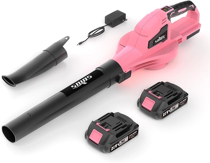 SOYUS Leaf Blower 20V Leaf Blower Cordless with 2x2.0Ah Battery and Charger 150 MPH Electric Leaf Blowers with Two-Speed Mode Blowers for Lawn Care Debris Dust Cleaning（Pink）
